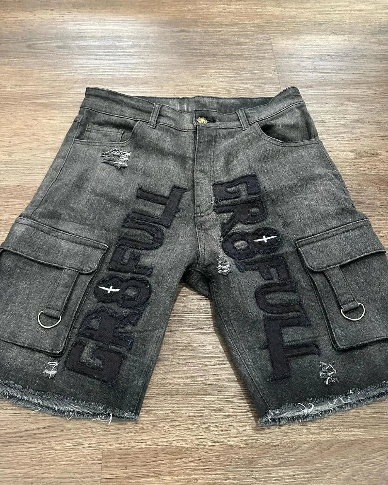 Short en jean Y2K baggy avec broderie de lettres et motif