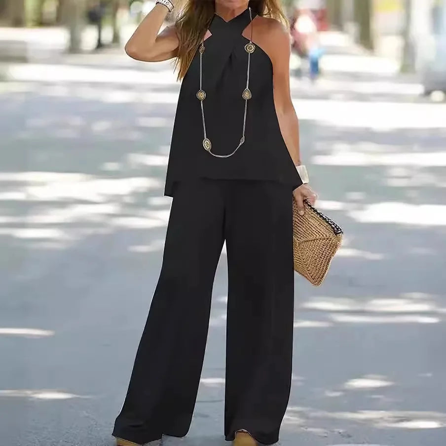 Vêtements pour femmes Haut en halter Couleur unie Sans manches Ensemble Pantalon large Pantalon Deux pièces