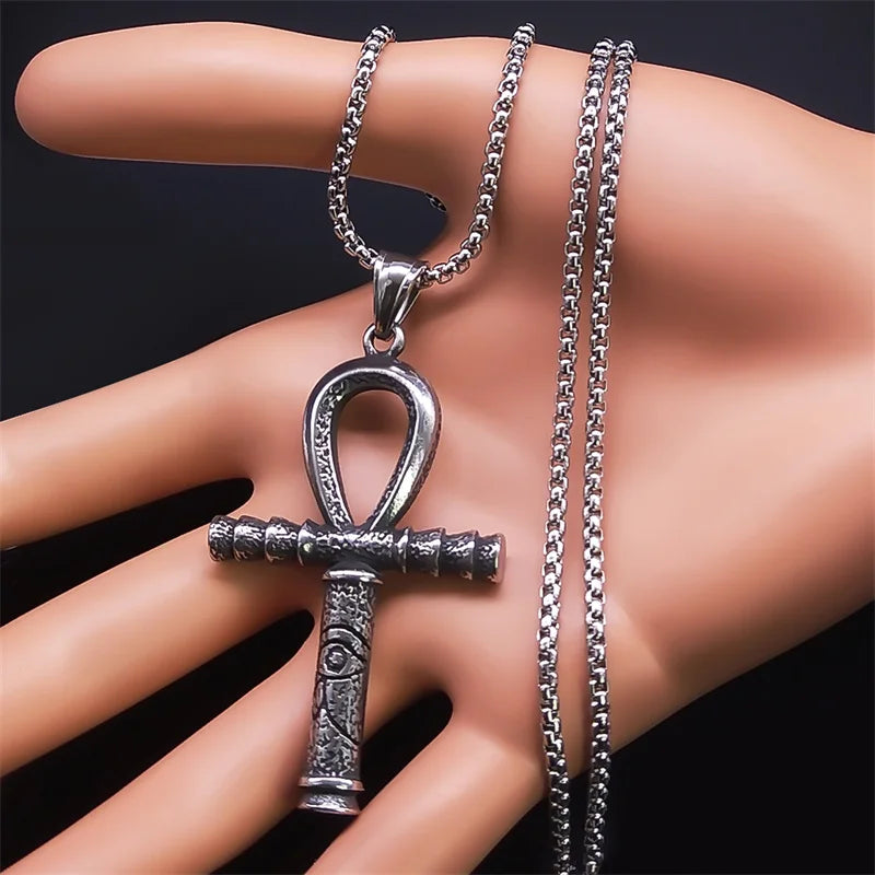 Collier pour hommes en acier inoxydable avec croix ankh égyptienne, clé de la vie, bijoux, chaîne en acier inoxydable