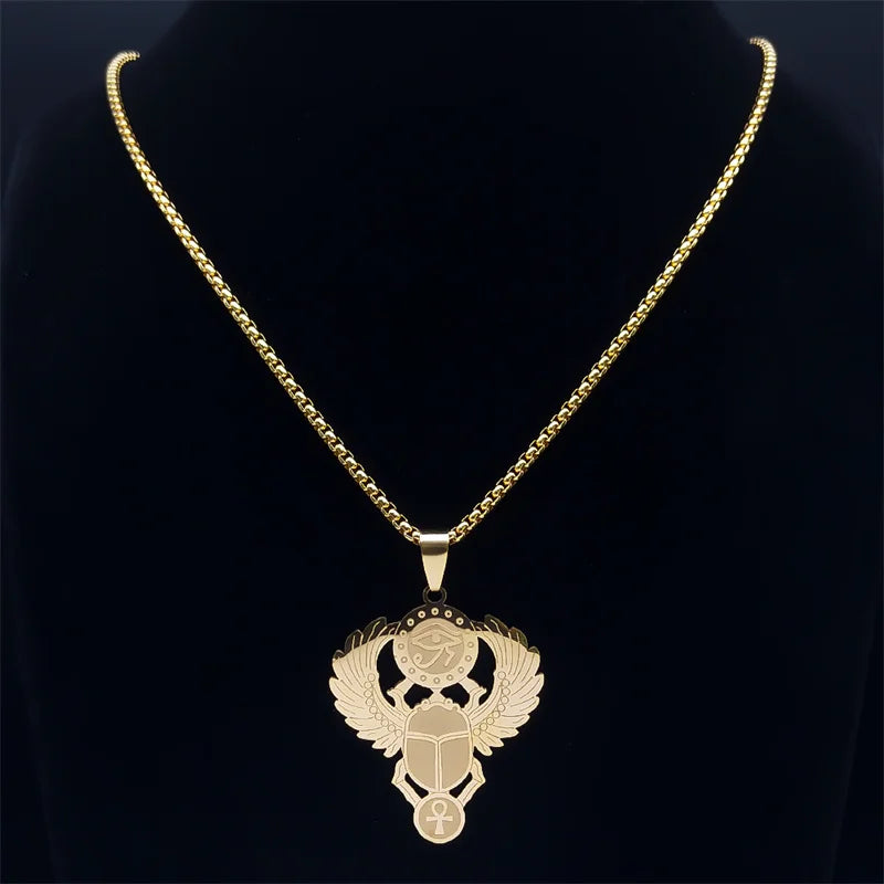 Colliers en acier inoxydable couleur or, symbole du scarabée égyptien œil de Ra Horus, collier clé de vie ankh,