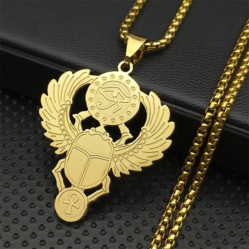 Colliers en acier inoxydable couleur or, symbole du scarabée égyptien œil de Ra Horus, collier clé de vie ankh,