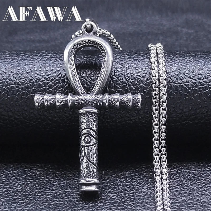Collier pour hommes en acier inoxydable avec croix ankh égyptienne, clé de la vie, bijoux, chaîne en acier inoxydable