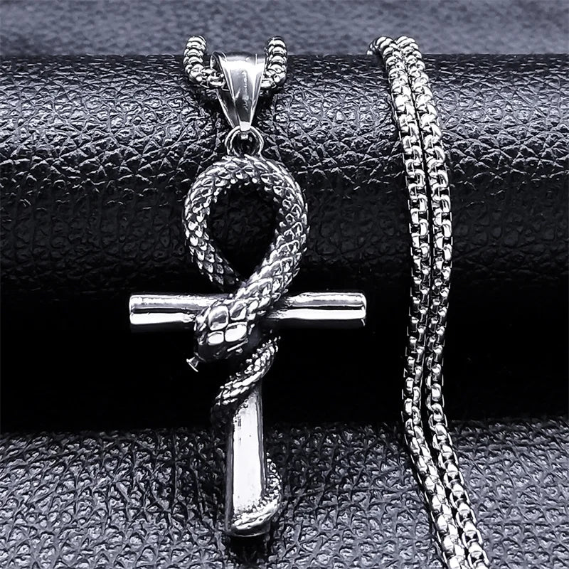 Collier pour hommes en acier inoxydable avec croix ankh égyptienne, clé de la vie, bijoux, chaîne en acier inoxydable