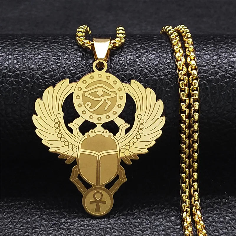 Colliers en acier inoxydable couleur or, symbole du scarabée égyptien œil de Ra Horus, collier clé de vie ankh,