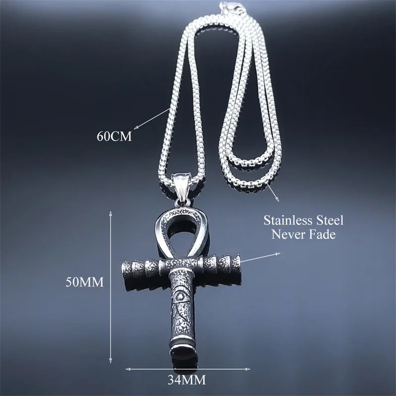Collier pour hommes en acier inoxydable avec croix ankh égyptienne, clé de la vie, bijoux, chaîne en acier inoxydable