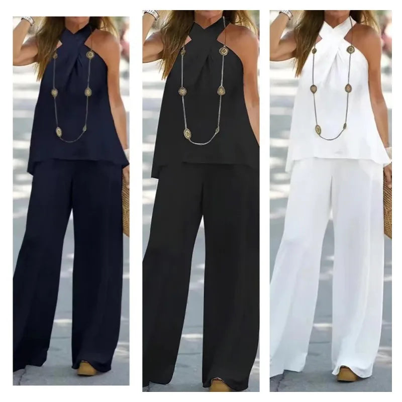 Vêtements pour femmes Haut en halter Couleur unie Sans manches Ensemble Pantalon large Pantalon Deux pièces