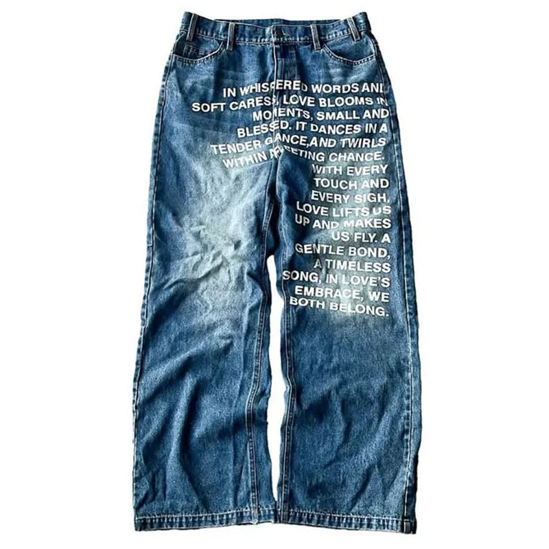 Jeans vintage Y2K imprimés avec poème d'amour pour hommes et femmes