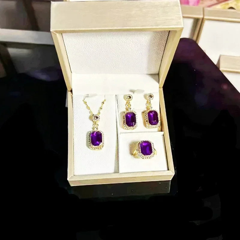 Ensemble de boucles d'oreilles, collier et bagues couleur émeraude de luxe pour femme en acier inoxydable