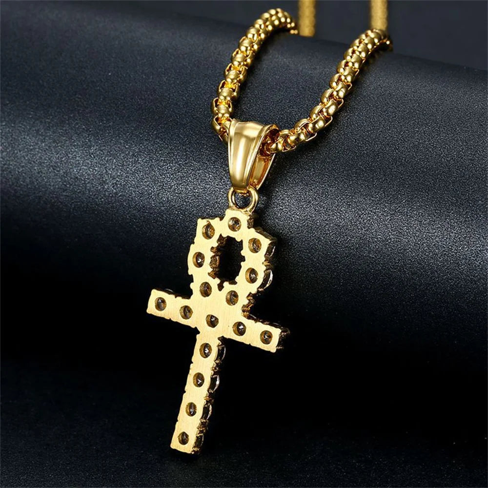 Pendentif croix ankh en acier inoxydable couleur or, zircon pour femmes