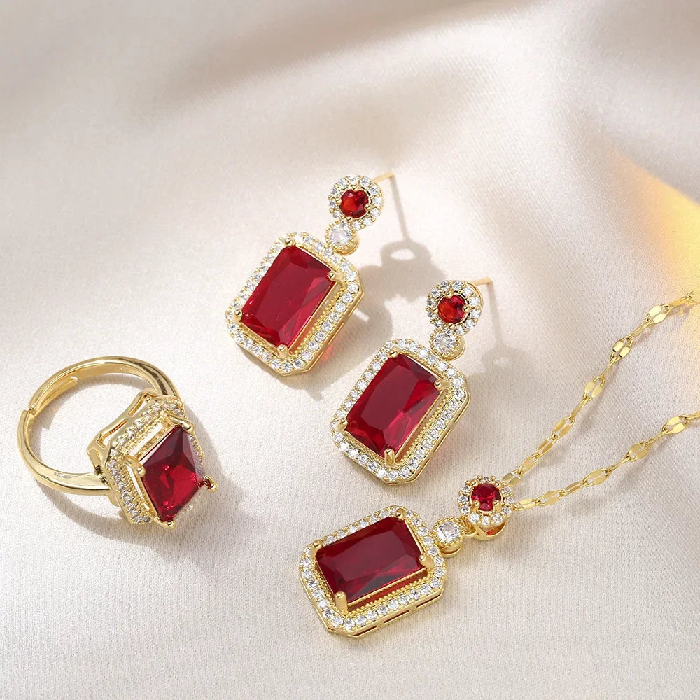 Ensemble de boucles d'oreilles, collier et bagues couleur émeraude de luxe pour femme en acier inoxydable