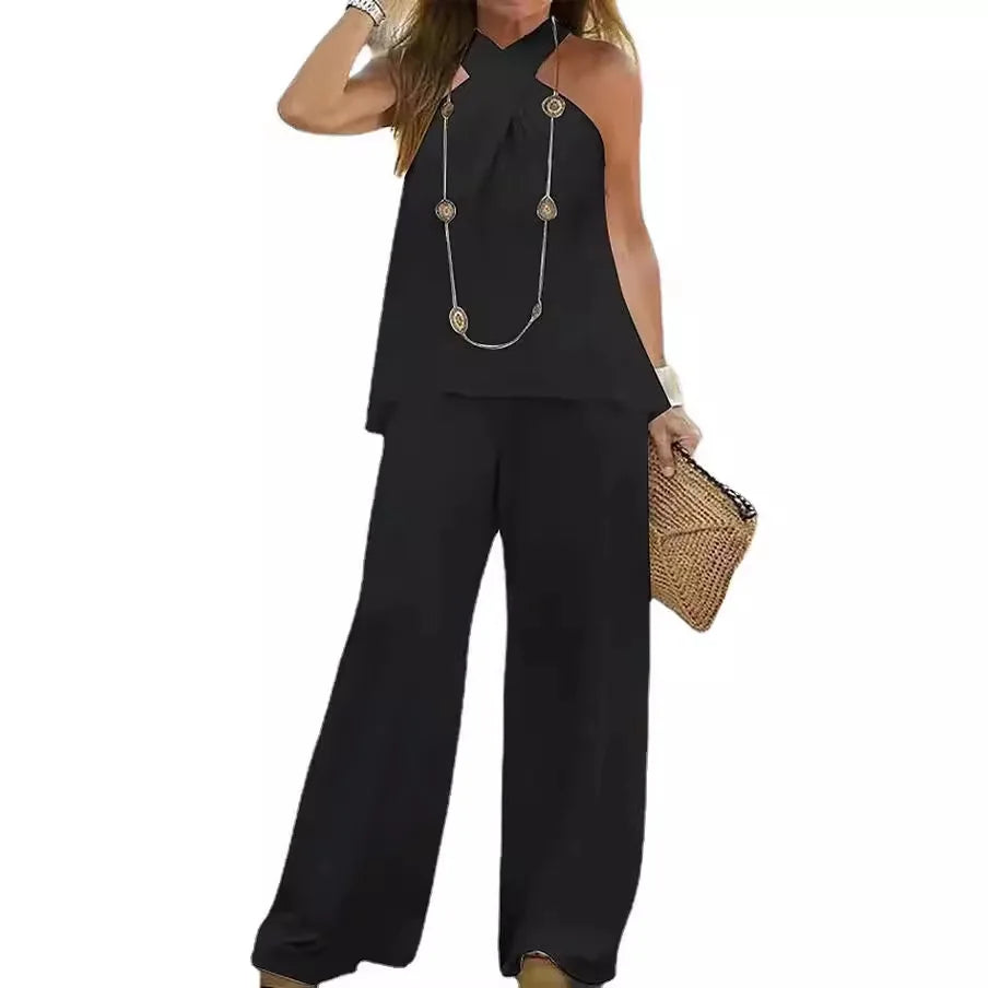 Vêtements pour femmes Haut en halter Couleur unie Sans manches Ensemble Pantalon large Pantalon Deux pièces