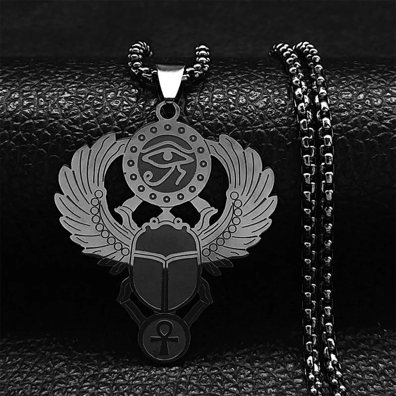 Colliers en acier inoxydable couleur or, symbole du scarabée égyptien œil de Ra Horus, collier clé de vie ankh,