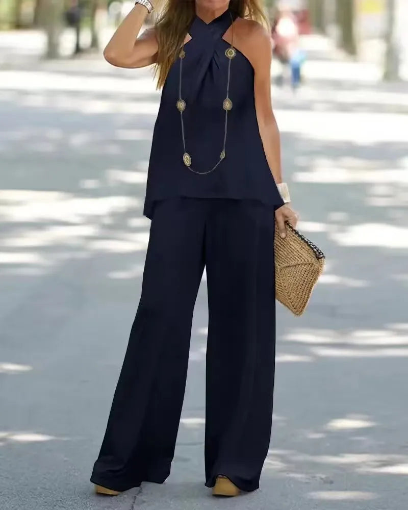Vêtements pour femmes Haut en halter Couleur unie Sans manches Ensemble Pantalon large Pantalon Deux pièces