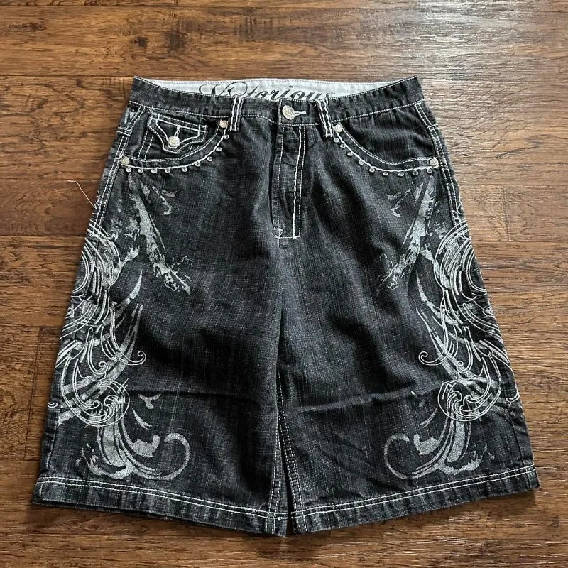 Short en jean Y2K baggy avec broderie de lettres et motif