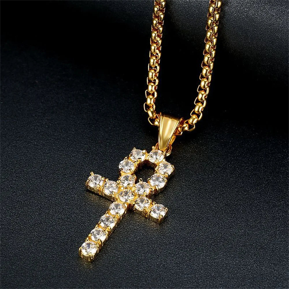 Pendentif croix ankh en acier inoxydable couleur or, zircon pour femmes