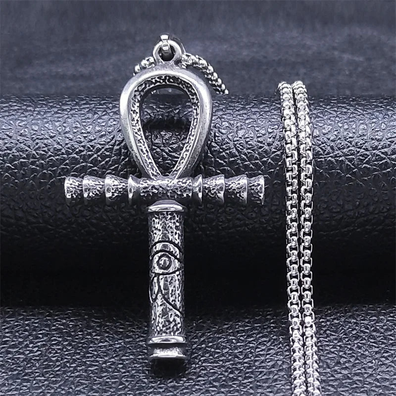 Collier pour hommes en acier inoxydable avec croix ankh égyptienne, clé de la vie, bijoux, chaîne en acier inoxydable