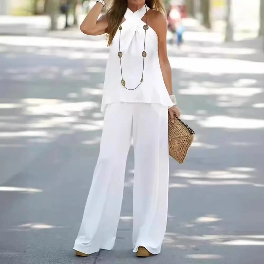 Vêtements pour femmes Haut en halter Couleur unie Sans manches Ensemble Pantalon large Pantalon Deux pièces
