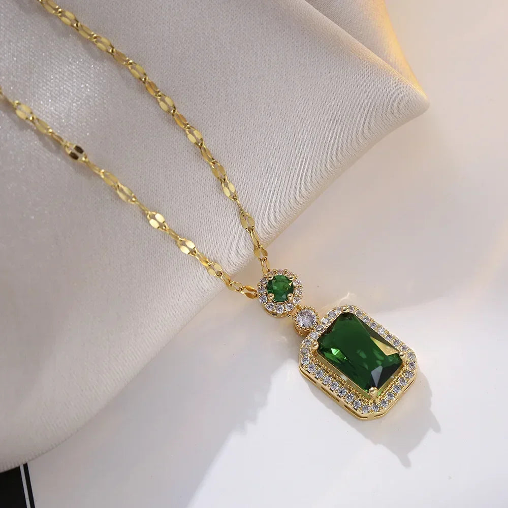 Ensemble de boucles d'oreilles, collier et bagues couleur émeraude de luxe pour femme en acier inoxydable