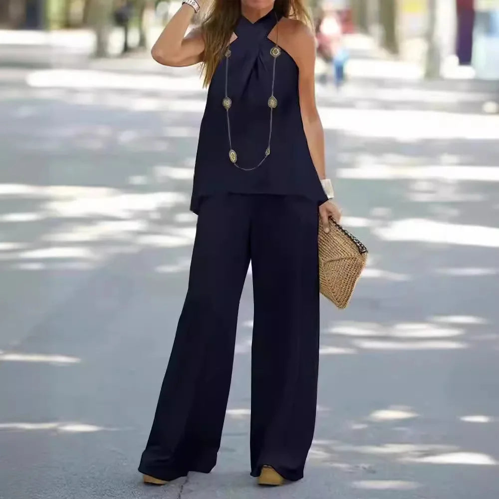 Vêtements pour femmes Haut en halter Couleur unie Sans manches Ensemble Pantalon large Pantalon Deux pièces