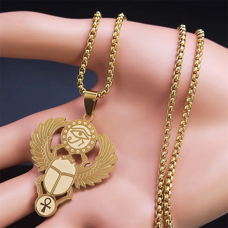 Colliers en acier inoxydable couleur or, symbole du scarabée égyptien œil de Ra Horus, collier clé de vie ankh,