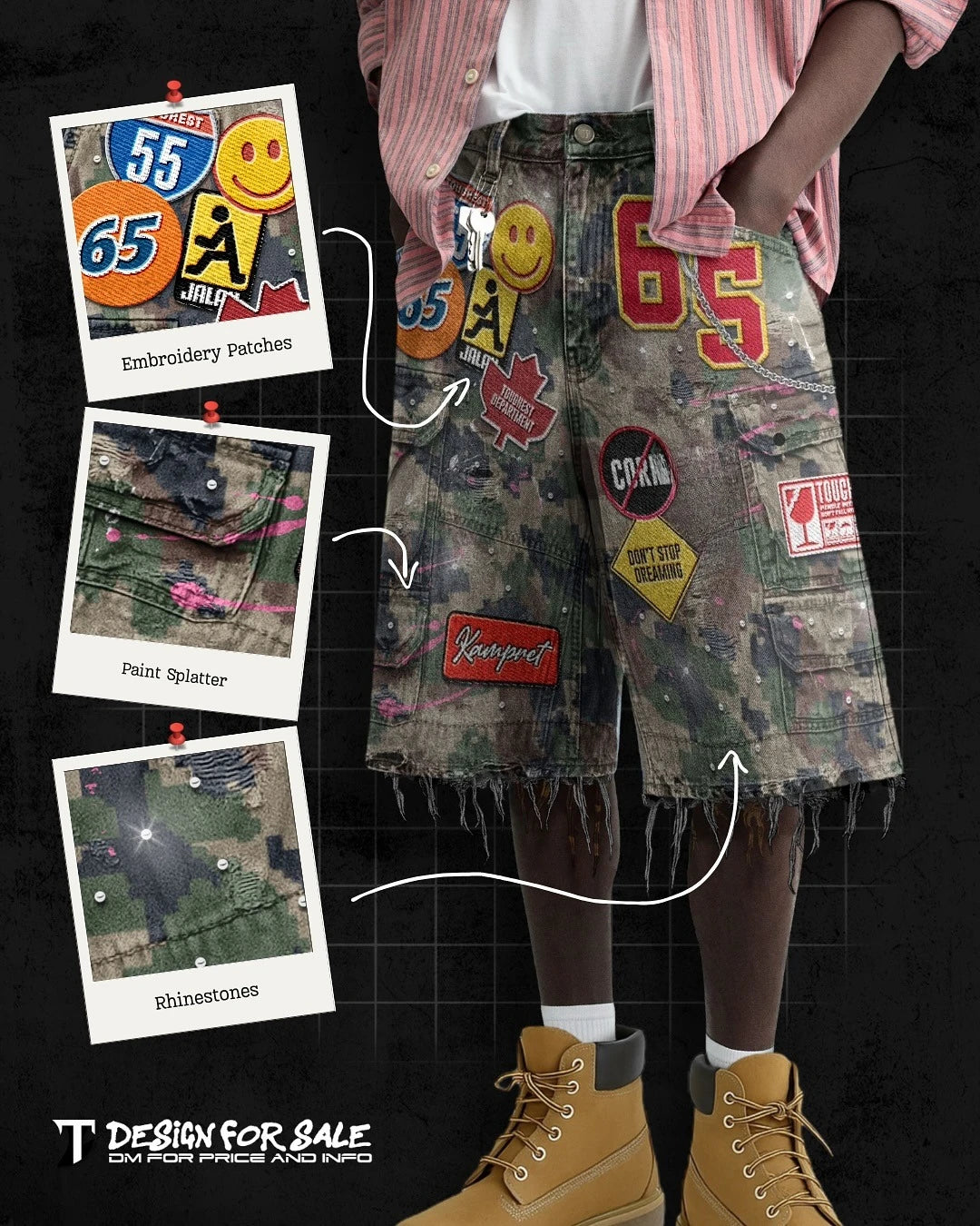 Shorts en denim bleu streetwear Y2K pour hommes et femmes, graphismes cartoon