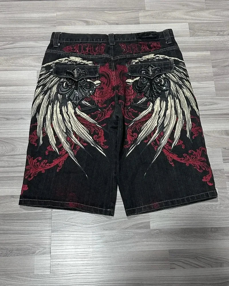 Short en jean Y2K baggy avec broderie de lettres et motif