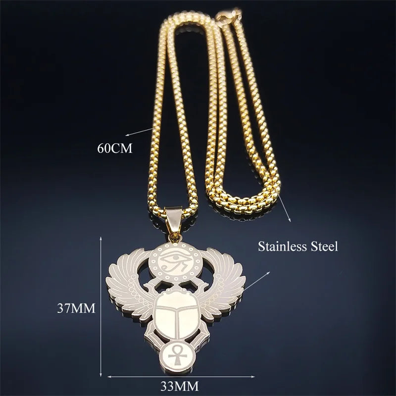Colliers en acier inoxydable couleur or, symbole du scarabée égyptien œil de Ra Horus, collier clé de vie ankh,