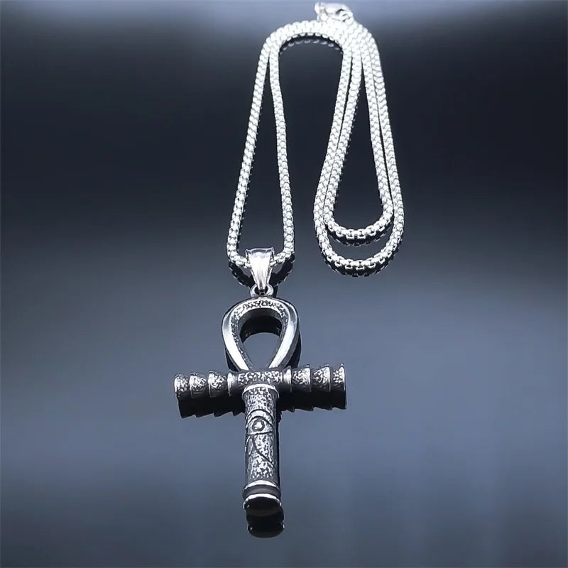 Collier pour hommes en acier inoxydable avec croix ankh égyptienne, clé de la vie, bijoux, chaîne en acier inoxydable