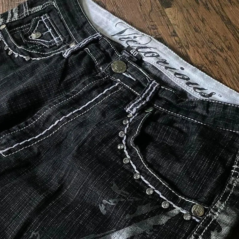 Short en jean Y2K baggy avec broderie de lettres et motif