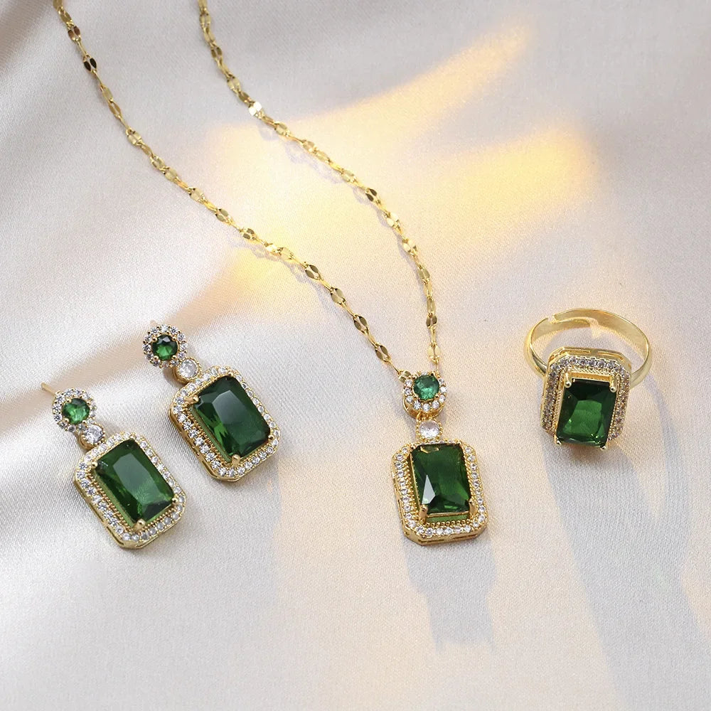 Ensemble de boucles d'oreilles, collier et bagues couleur émeraude de luxe pour femme en acier inoxydable