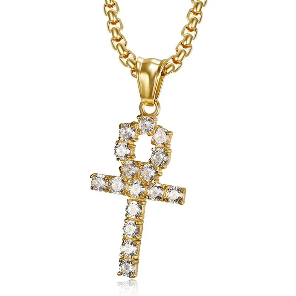 Pendentif croix ankh en acier inoxydable couleur or, zircon pour femmes