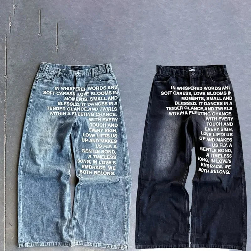 Jeans vintage Y2K imprimés avec poème d'amour pour hommes et femmes
