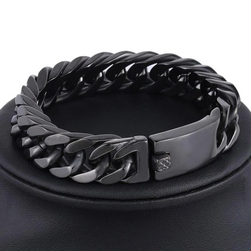Bracelet cubain noir en acier inoxydable pour hommes