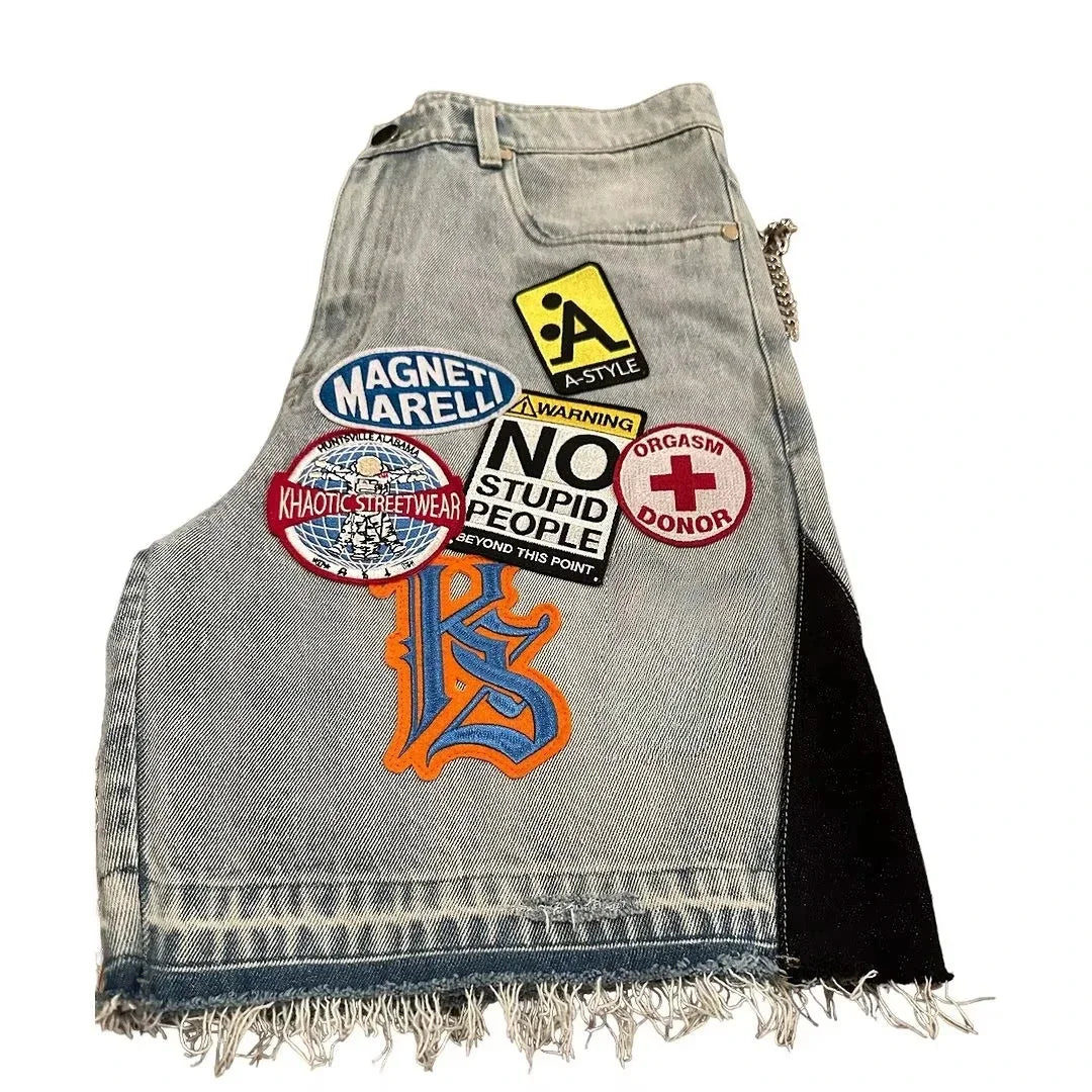 Shorts en denim bleu streetwear Y2K pour hommes et femmes, graphismes cartoon