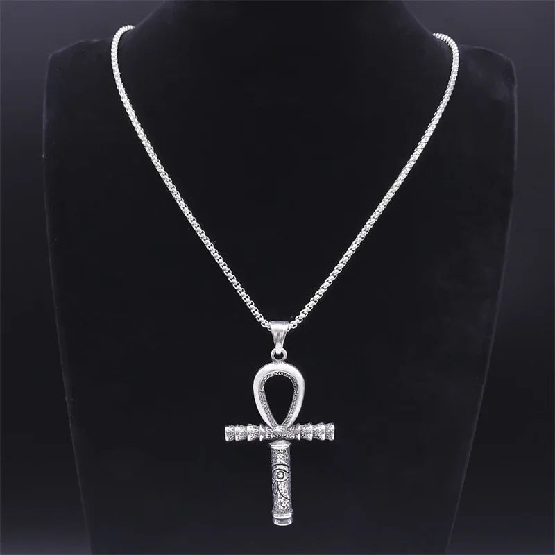 Collier pour hommes en acier inoxydable avec croix ankh égyptienne, clé de la vie, bijoux, chaîne en acier inoxydable