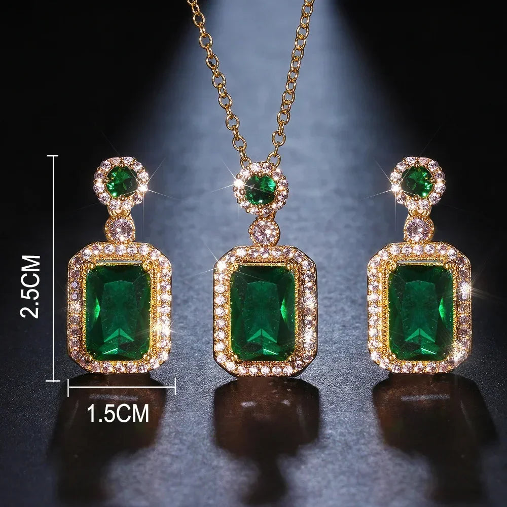 Ensemble de boucles d'oreilles, collier et bagues couleur émeraude de luxe pour femme en acier inoxydable