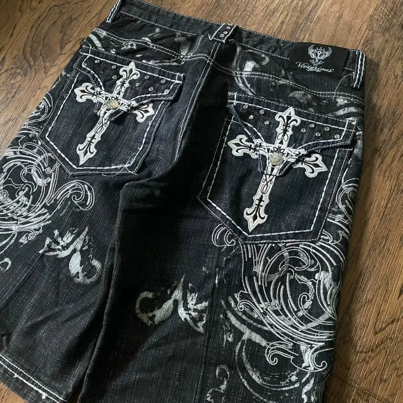 Short en jean Y2K baggy avec broderie de lettres et motif