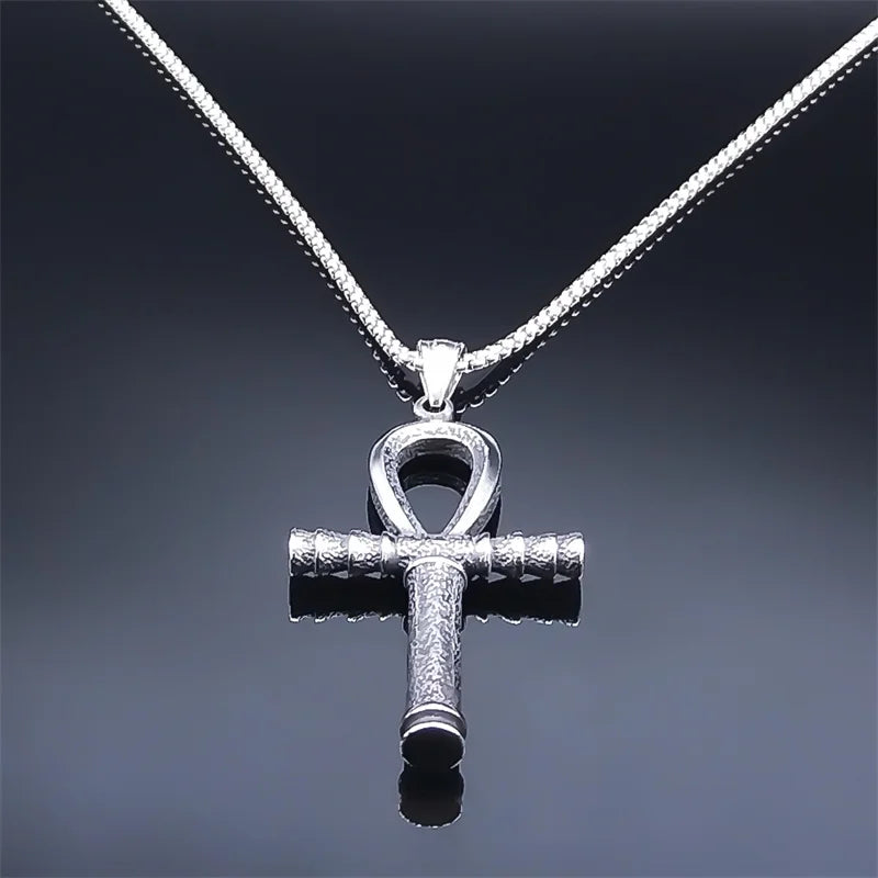 Collier pour hommes en acier inoxydable avec croix ankh égyptienne, clé de la vie, bijoux, chaîne en acier inoxydable