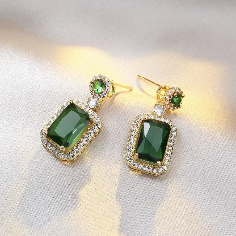 Ensemble de boucles d'oreilles, collier et bagues couleur émeraude de luxe pour femme en acier inoxydable