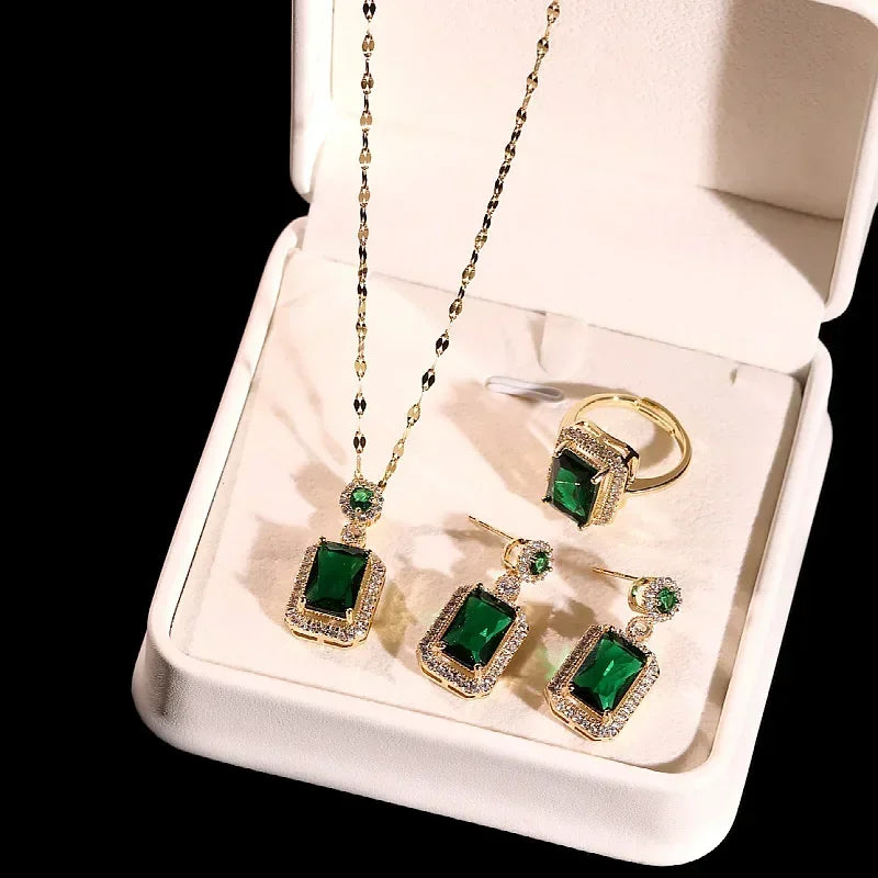 Ensemble de boucles d'oreilles, collier et bagues couleur émeraude de luxe pour femme en acier inoxydable