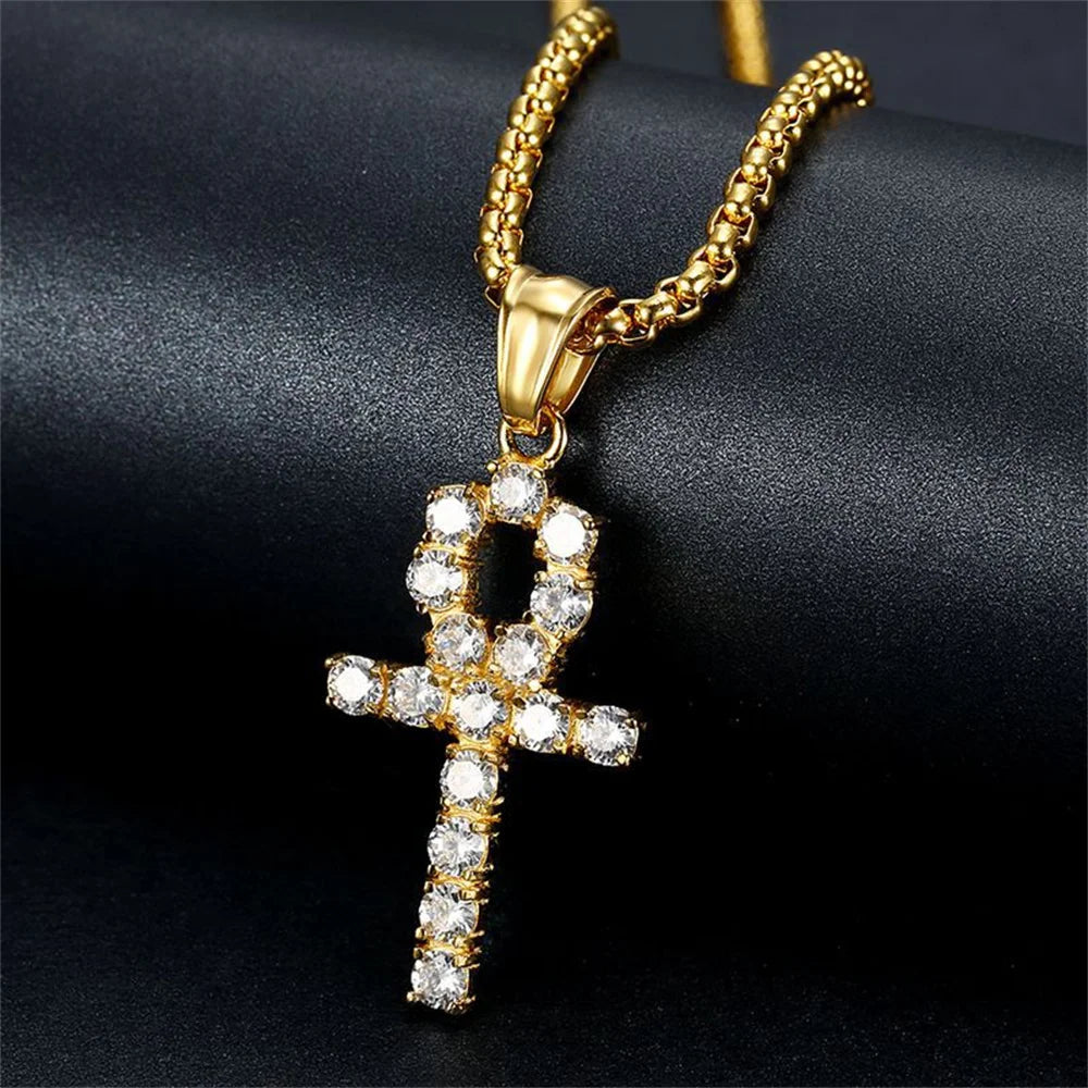 Pendentif croix ankh en acier inoxydable couleur or, zircon pour femmes