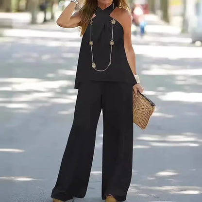 Vêtements pour femmes Haut en halter Couleur unie Sans manches Ensemble Pantalon large Pantalon Deux pièces