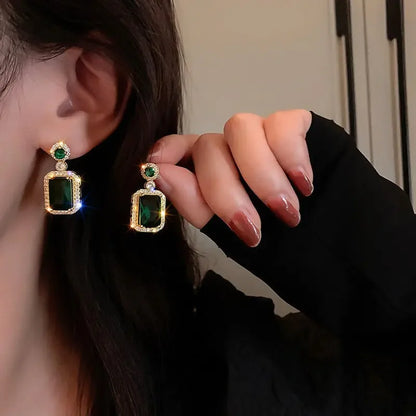 Ensemble de boucles d'oreilles, collier et bagues couleur émeraude de luxe pour femme en acier inoxydable