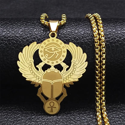 Colliers en acier inoxydable couleur or, symbole du scarabée égyptien œil de Ra Horus, collier clé de vie ankh,