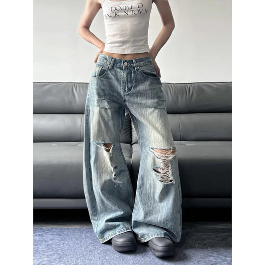 pantalon baggy bleus femmes été 2025, style vintage américain, streetwear Y2K,