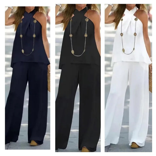 Vêtements pour femmes Haut en halter Couleur unie Sans manches Ensemble Pantalon large Pantalon Deux pièces