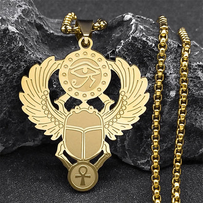 Colliers en acier inoxydable couleur or, symbole du scarabée égyptien œil de Ra Horus, collier clé de vie ankh,