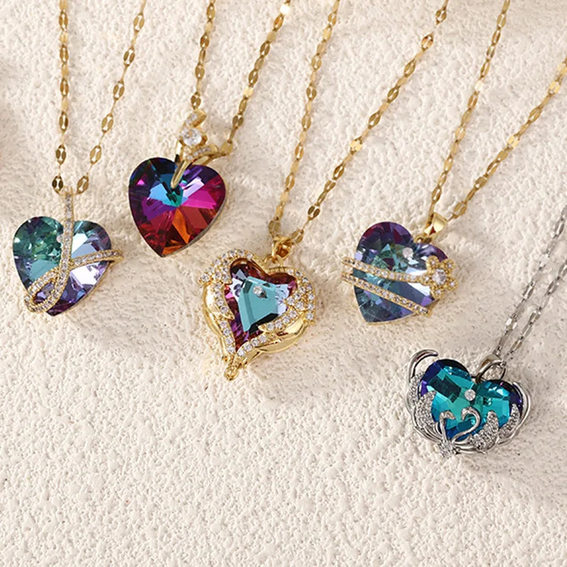 Collier en cristal avec pendentif en forme de cœur, bijou en acier inoxydable pour femmes