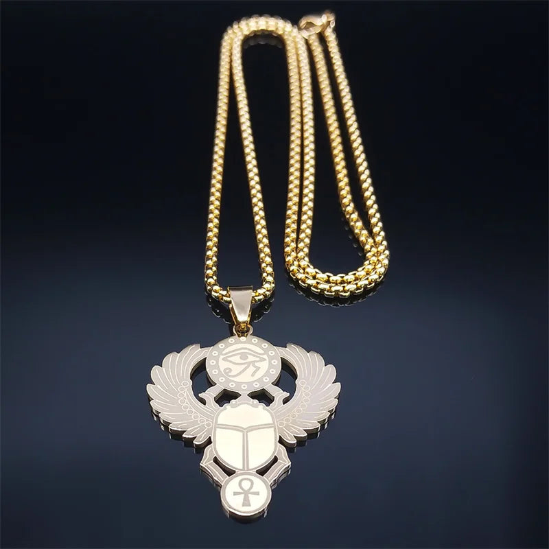Colliers en acier inoxydable couleur or, symbole du scarabée égyptien œil de Ra Horus, collier clé de vie ankh,