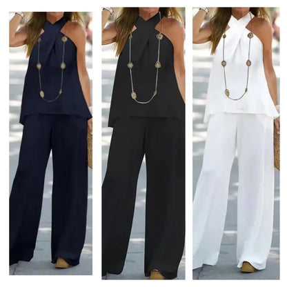 Vêtements pour femmes Haut en halter Couleur unie Sans manches Ensemble Pantalon large Pantalon Deux pièces